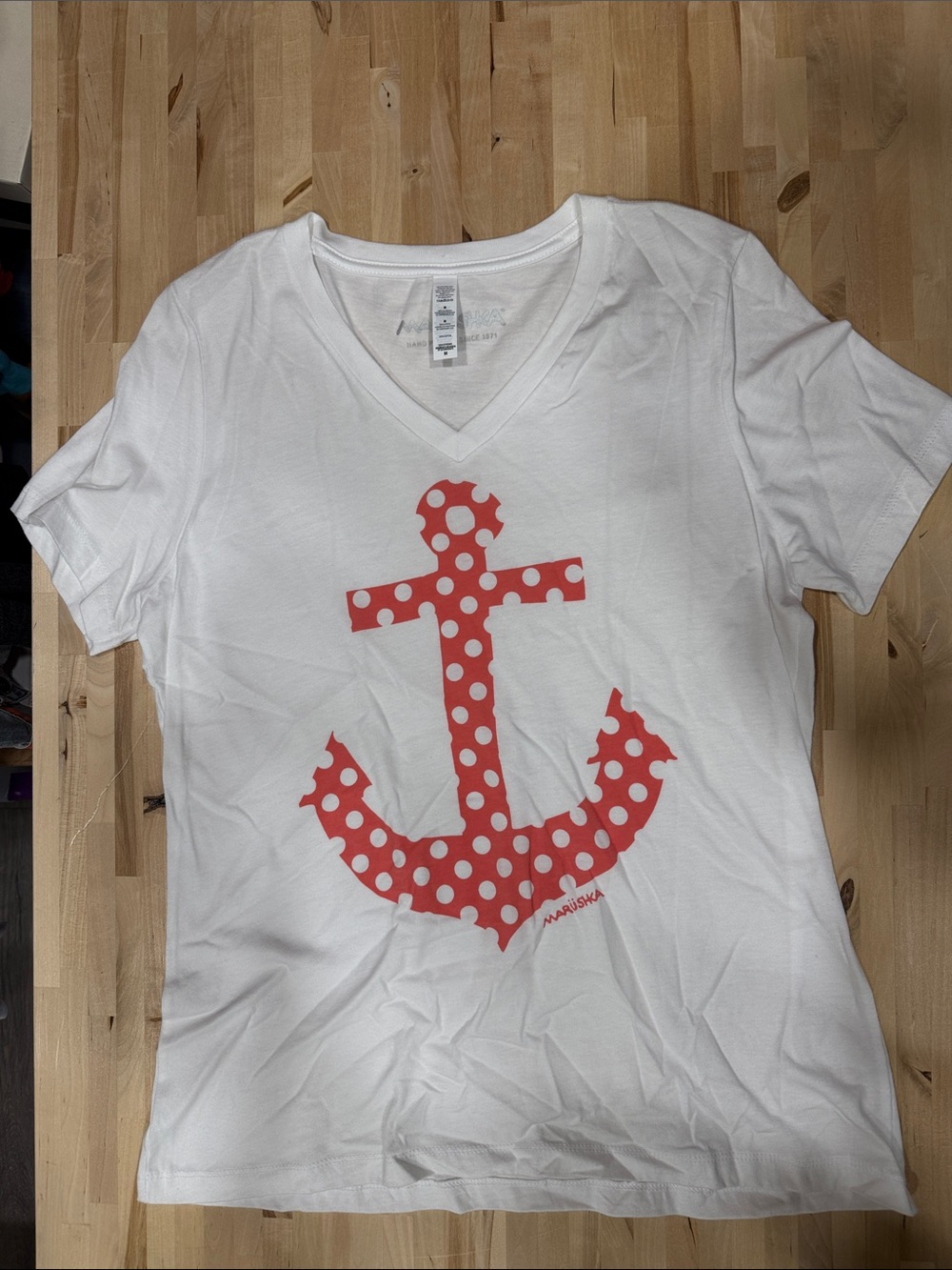 Marushka White V-Neck Tee with Red Polka Dot Anchor